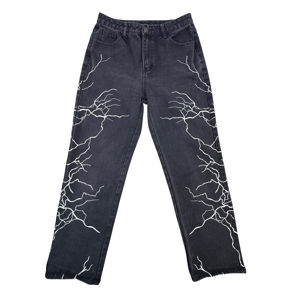 SHEIN Womens Lightning Bolt Graphic Straight Leg Jeans Washed Black Size L‎ 8/10